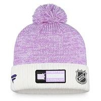 Men's Fanatics White/Purple St. Louis Blues 2022 Hockey Fights Cancer Authentic Pro Cuffed Knit Hat with Pom