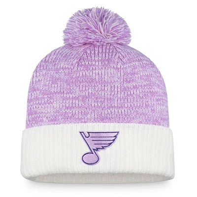 Men's Fanatics White/Purple St. Louis Blues 2022 Hockey Fights Cancer Authentic Pro Cuffed Knit Hat with Pom