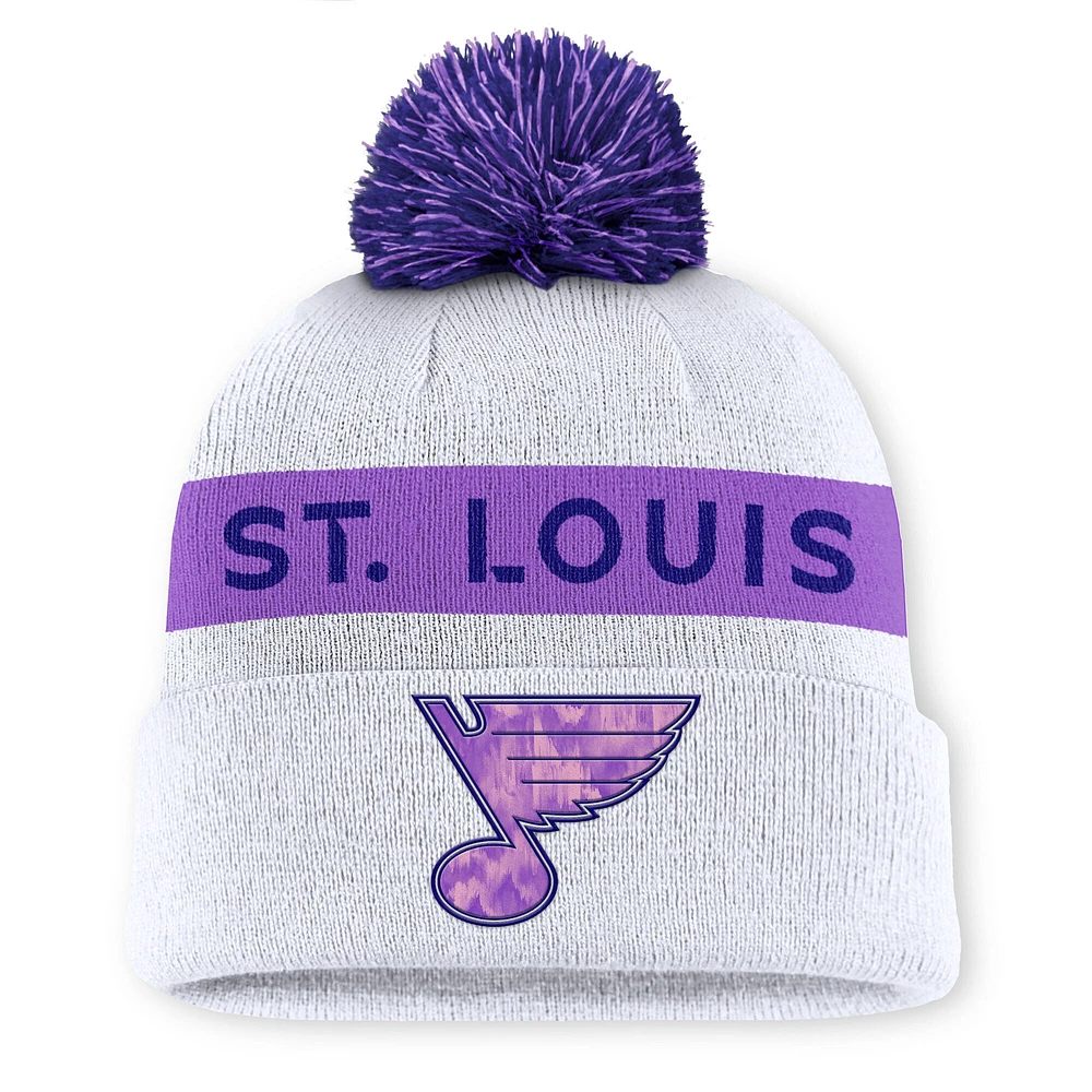 Bonnet en tricot à revers avec pompon pour homme Fanatics White St. Louis Blues Hockey Fights Cancer