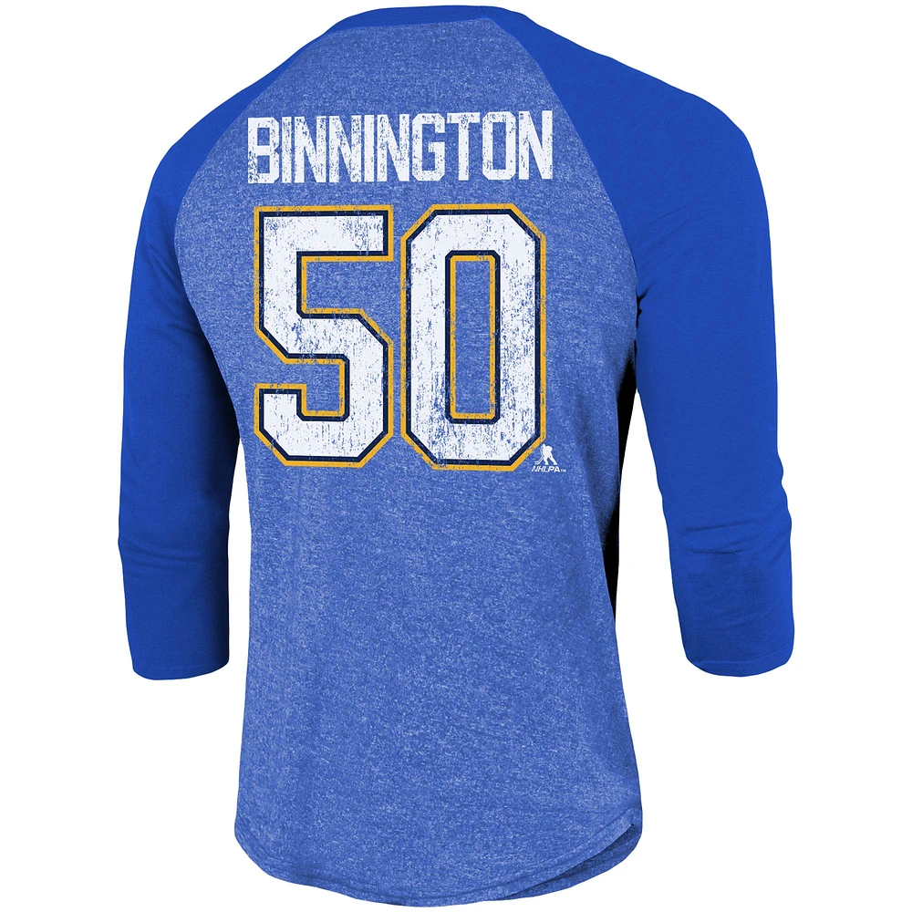 T-shirt à manches 3/4 raglan bleu Jordan Binnington pour homme avec nom et numéro des Blues de St. Louis