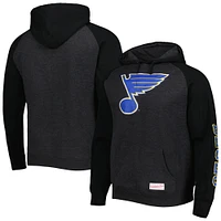 Sweat à capuche raglan avec logo en détresse pour hommes, noir chiné, St. Louis Blues, Mitchell & Ness