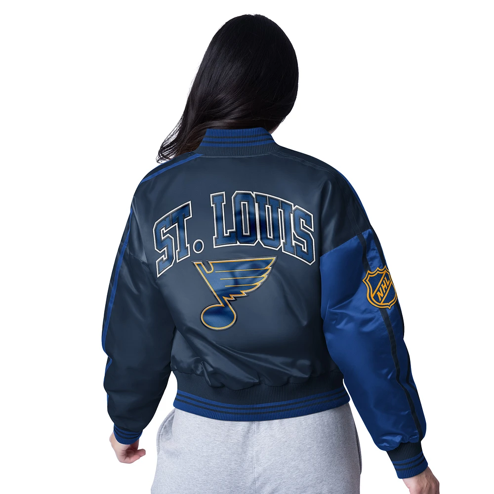 Women's Starter  Black St. Louis Blues Zone Blitz Cropped Full-Snap Satin Jacket