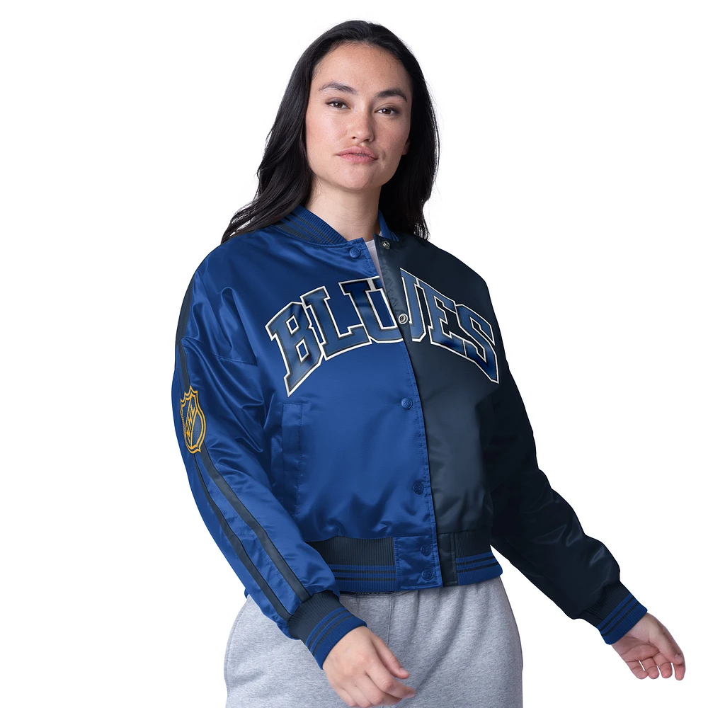 Women's Starter  Black St. Louis Blues Zone Blitz Cropped Full-Snap Satin Jacket