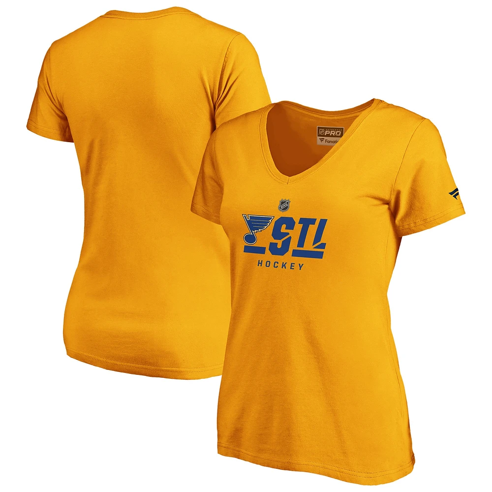 T-shirt à col en V avec logo secondaire Fanatics Gold St. Louis Blues Authentic Pro pour femmes