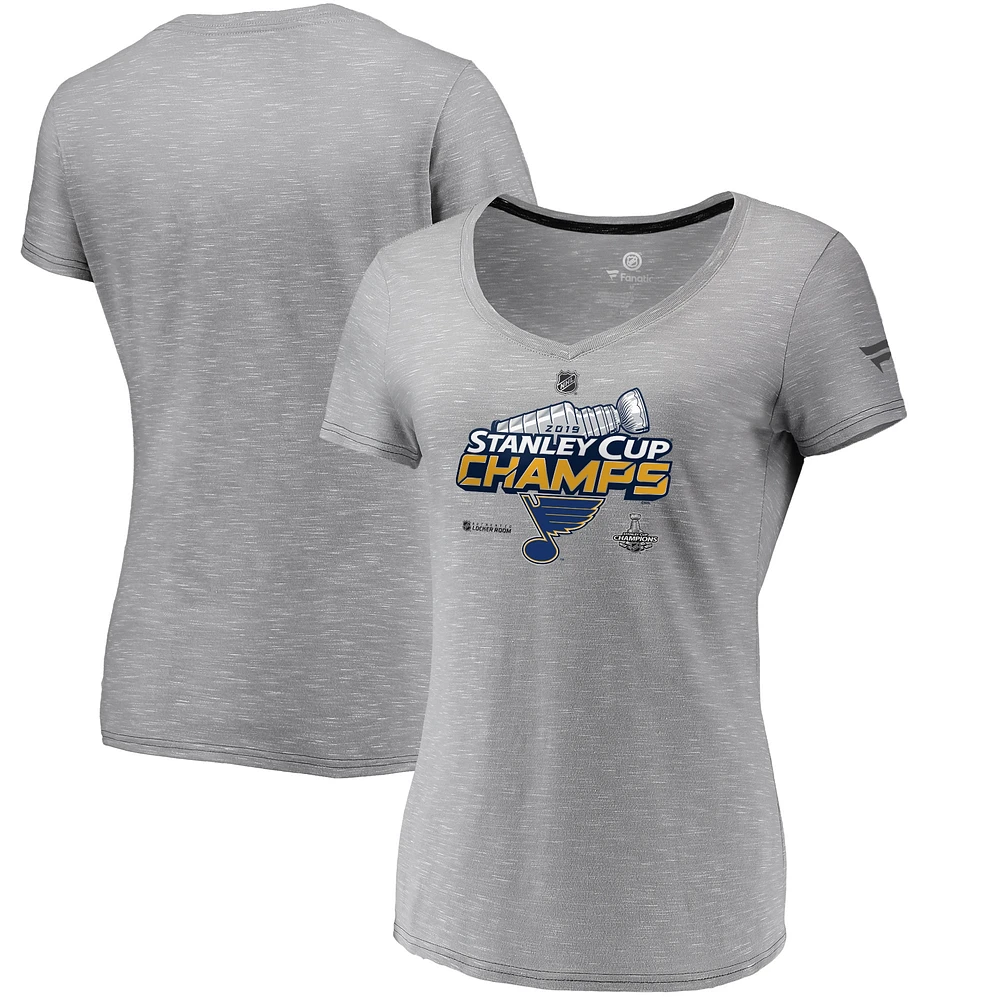 T-shirt à col en V Fanatics pour femmes, gris, St. Louis Blues, champions de la Coupe Stanley 2019, vestiaire