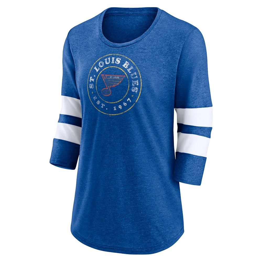 Women's Fanatics Heather Blue St. Louis Blues One Timer Tri-Blend Scoop Neck 3/4-Sleeve T-Shirt