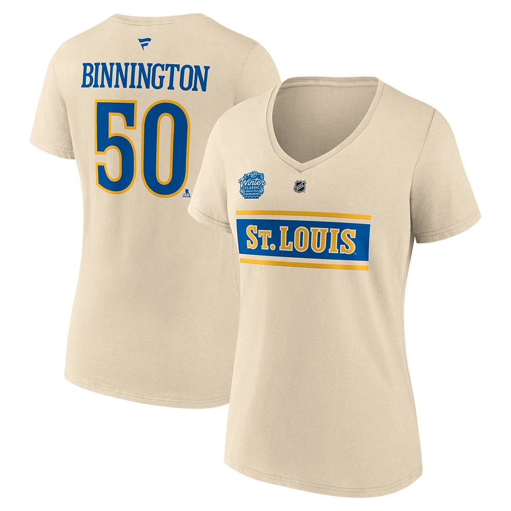 T-shirt à col en V authentique avec nom et numéro Stack de la LNH 2025 des Blues St. Louis pour femmes Fanatics Jordan Binnington Cream