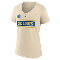 T-shirt à col en V authentique avec nom et numéro Stack de la LNH 2025 des Blues St. Louis pour femmes Fanatics Jordan Binnington Cream