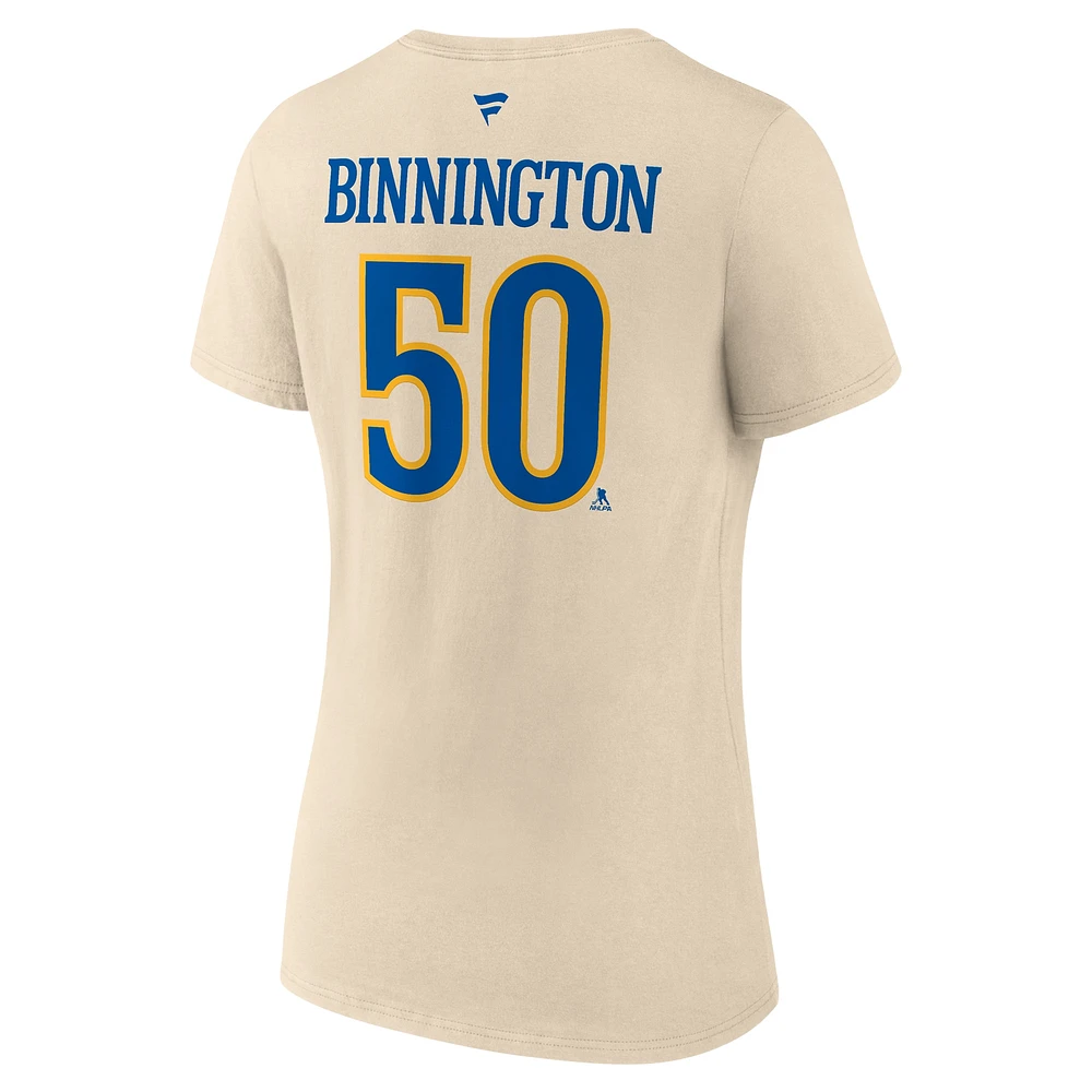 T-shirt à col en V authentique avec nom et numéro Stack de la LNH 2025 des Blues St. Louis pour femmes Fanatics Jordan Binnington Cream