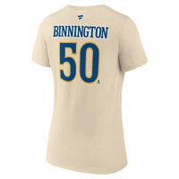 T-shirt à col en V authentique avec nom et numéro Stack de la LNH 2025 des Blues St. Louis pour femmes Fanatics Jordan Binnington Cream