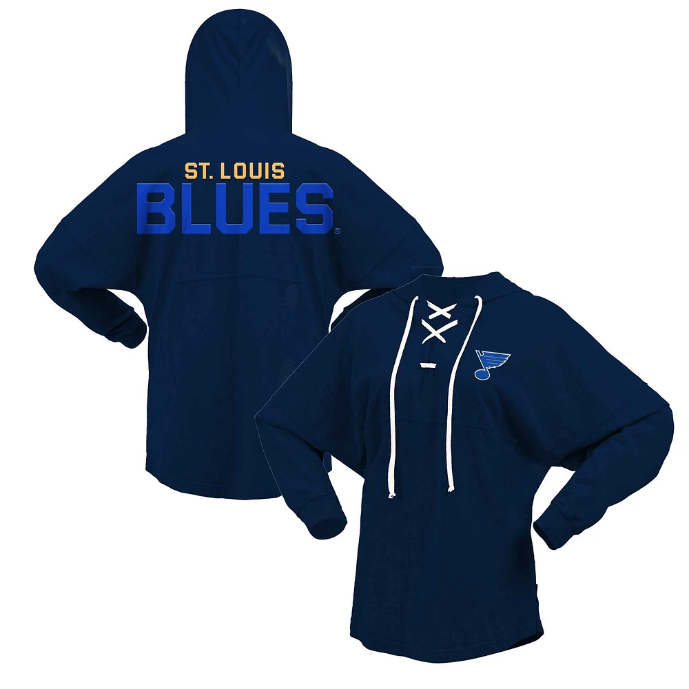 Women's Fanatics Navy St. Louis Blues Jersey Lace-Up V-Neck Long Sleeve Hoodie T-Shirt