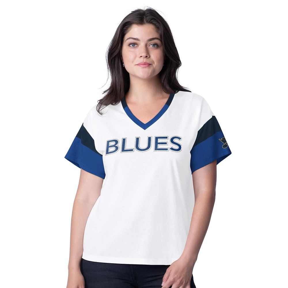 T-shirt à col en V surdimensionné avec strass G-III 4Her by Carl Banks pour femme, motif patinoire des St. Louis Blues, blanc