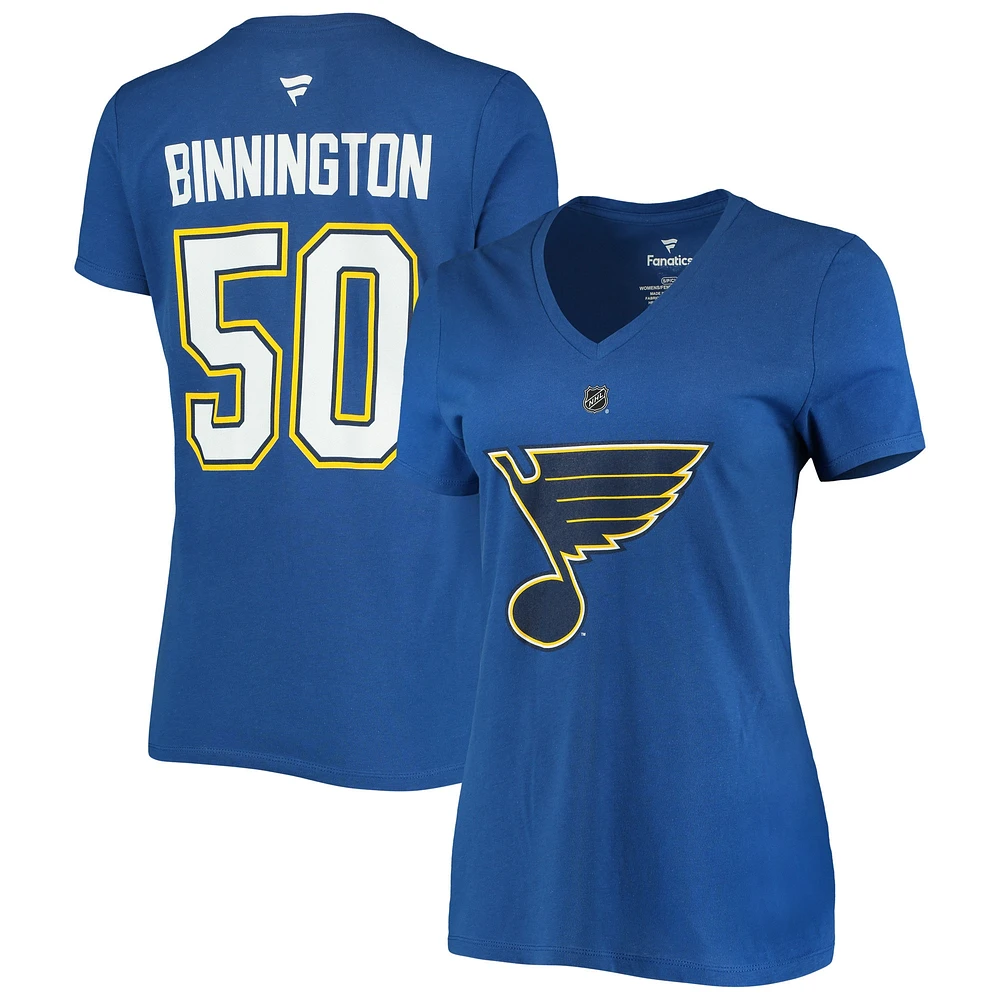 T-shirt à col en V Jordan Binnington bleu pour femme avec nom et numéro de l'équipe authentique des Blues St. Louis