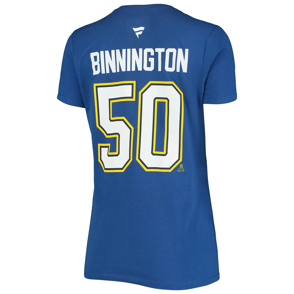 T-shirt à col en V Jordan Binnington bleu pour femme avec nom et numéro de l'équipe authentique des Blues St. Louis