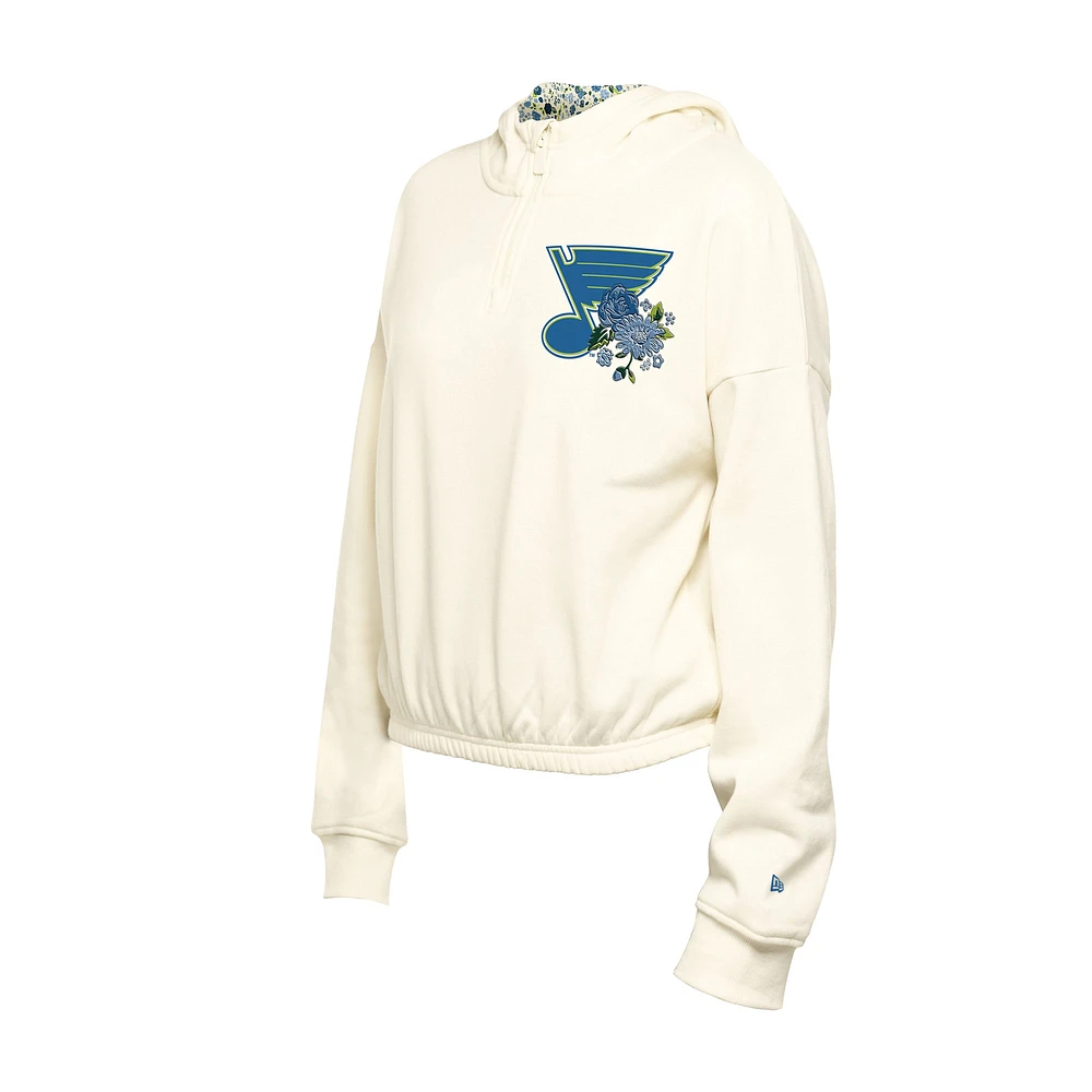 Women's New Era Cream St. Louis Blues Glam Game Quarter-Zip Cropped Floral Hoodie Pullover