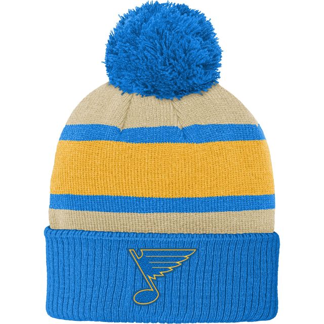 Logo de l'équipe de la Classique hivernale des Blues de St. Louis 2022 pour jeunes, bleu/or - Bonnet en tricot à revers avec pompon