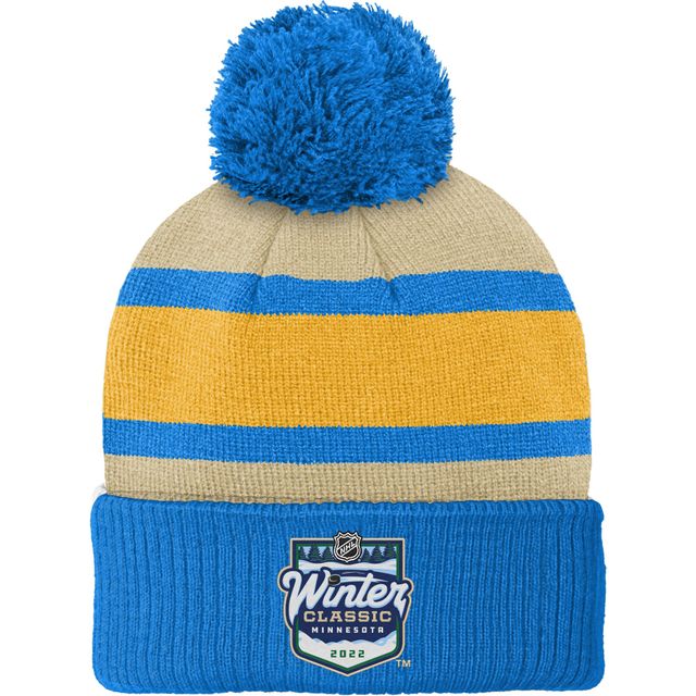 Logo de l'équipe de la Classique hivernale des Blues de St. Louis 2022 pour jeunes, bleu/or - Bonnet en tricot à revers avec pompon