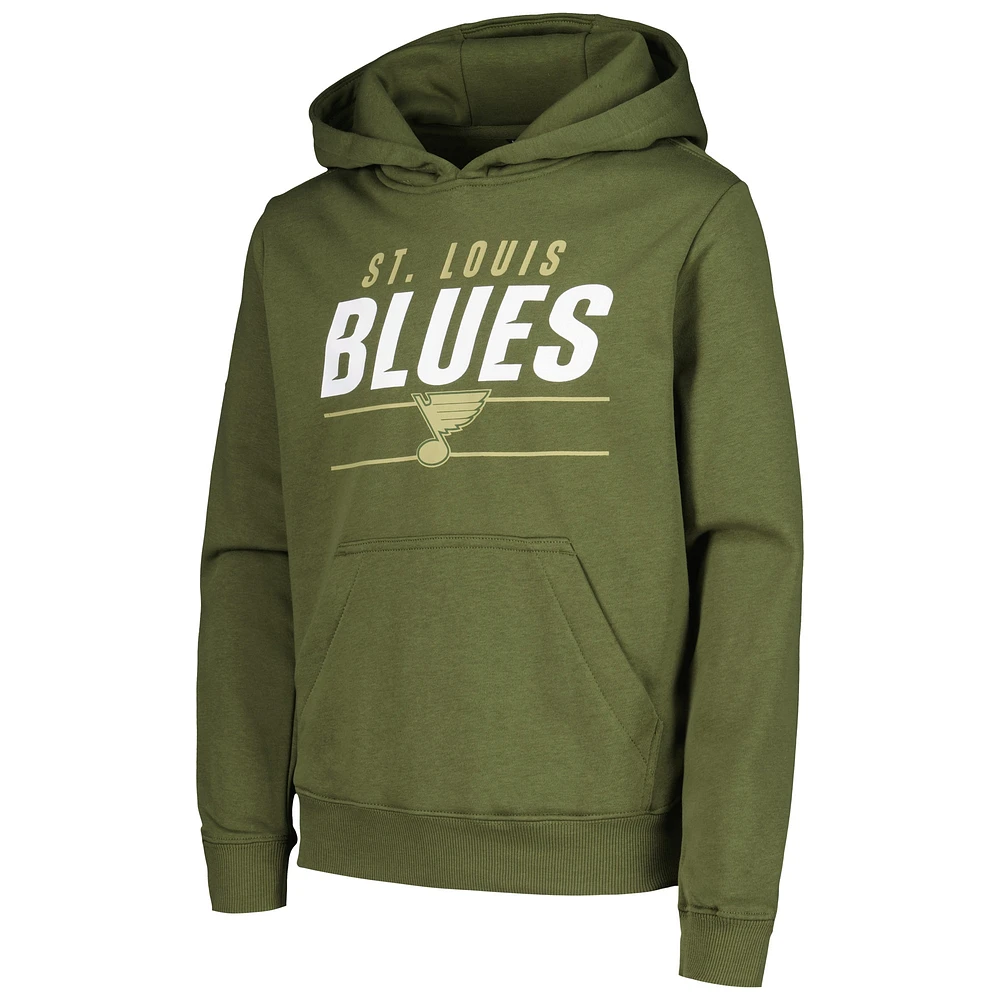 Youth Levelwear Olive St. Louis Blues Podium Fleece Pullover Hoodie