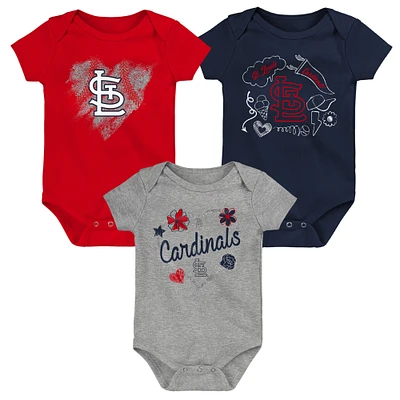 Ensemble de 3 bodys Batter Up pour filles, nouveau-né et nourrisson, rouge/bleu marine/gris chiné, St. Louis Cardinals