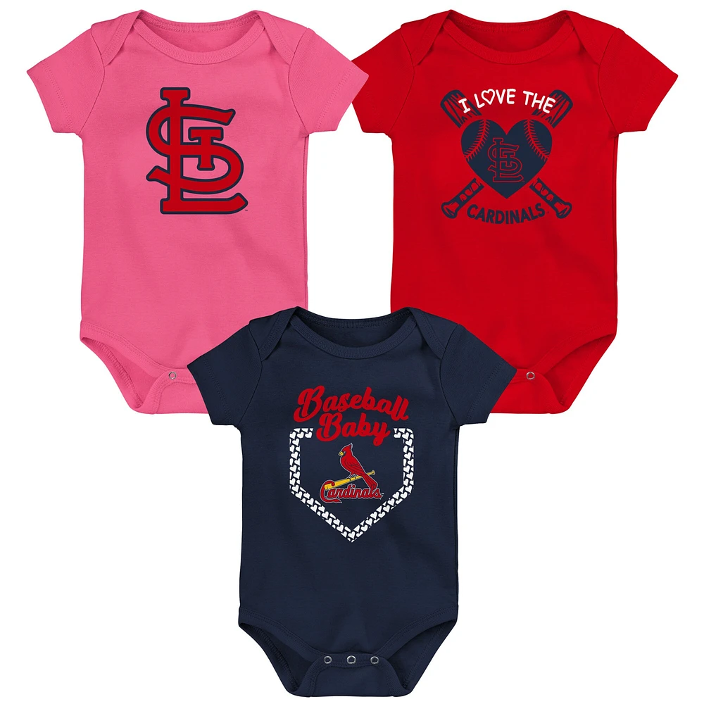 Ensemble de 3 bodys pour bébé rouge/bleu marine/rose St. Louis Cardinals Baseball