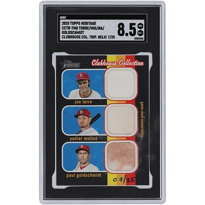 Joe Torre, Yadier Molina and Paul Goldschmidt St. Louis Cardinals 2020 Topps Heritage Clubhouse Collection Triple Jersey Relic #CCTR-TMG #7/25 SGC Authenticated 8.5 Card