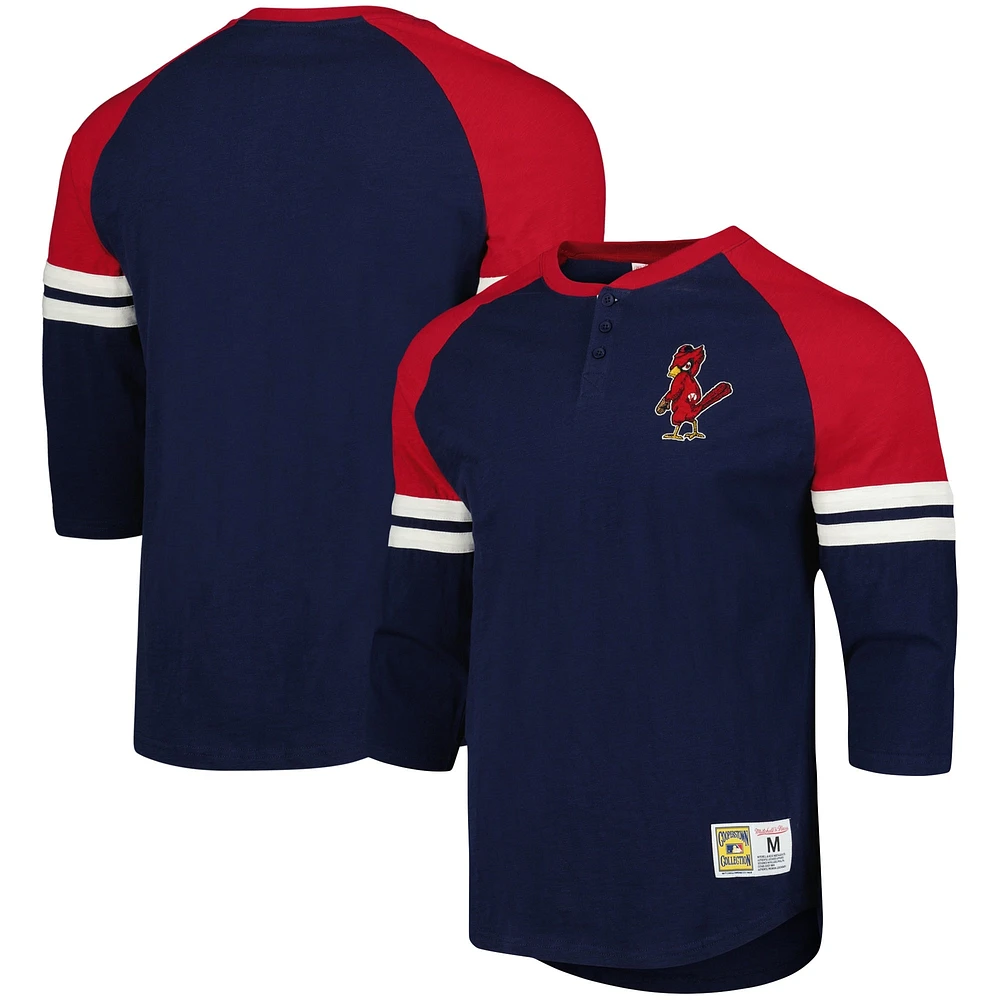 Men's Mitchell & Ness Navy St. Louis Cardinals Cooperstown Collection Legendary Raglan Slub Henley Three-Quarter Sleeve T-Shirt