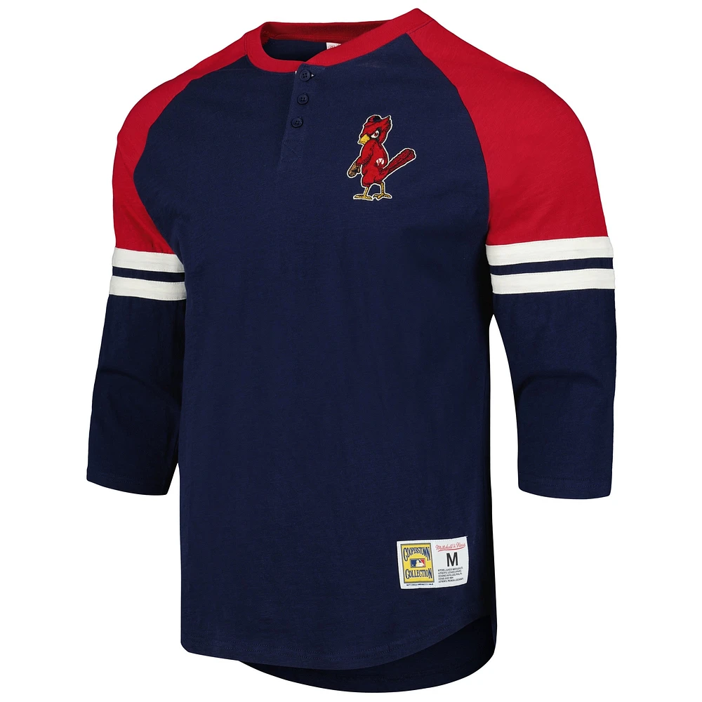 Men's Mitchell & Ness Navy St. Louis Cardinals Cooperstown Collection Legendary Raglan Slub Henley Three-Quarter Sleeve T-Shirt