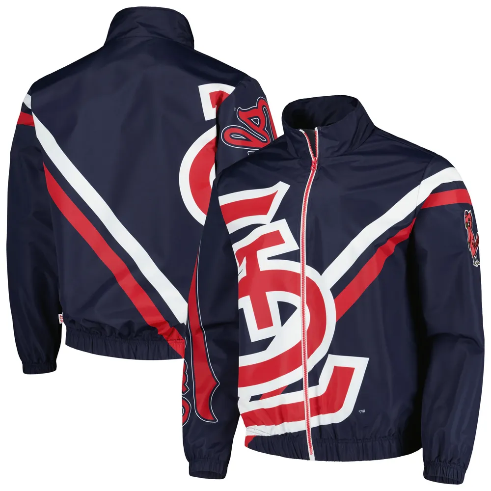 Veste d'échauffement entièrement zippée avec logo éclaté des Cardinals de Saint-Louis Mitchell & Ness pour homme, bleu marine