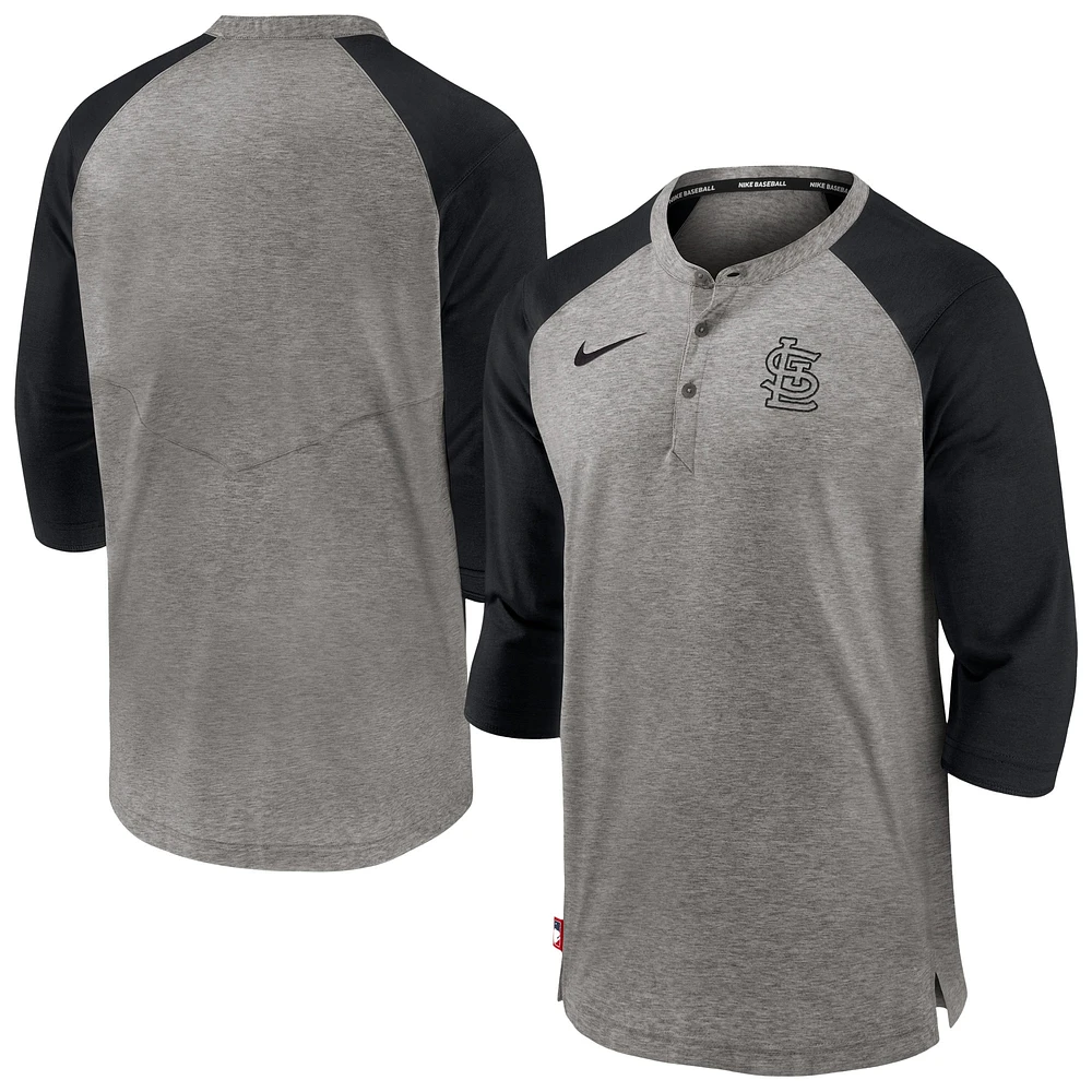 T-shirt Nike gris à manches 3/4 pour homme St. Louis Cardinals Authentic Collection Flux Henley