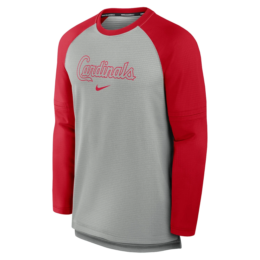 Men's Nike Heather Gray/Red St. Louis Cardinals Authentic Collection Game Time Raglan Performance Long Sleeve T-Shirt