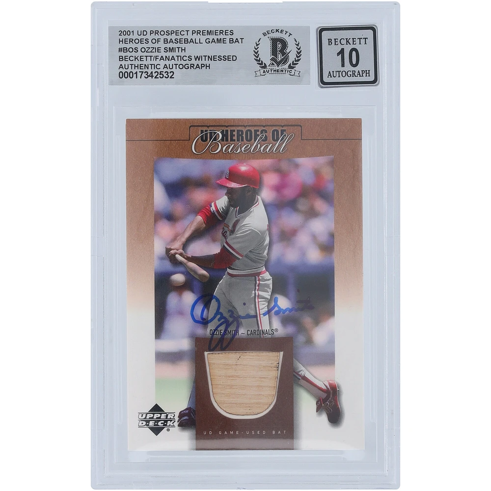 Ozzie Smith St. Louis Cardinals Autographed 2001 Upper Deck Prospect Premieres Heroes of Baseball Bat Relic #B-OS Beckett Fanatics Witnessed Authenticated 10 Card