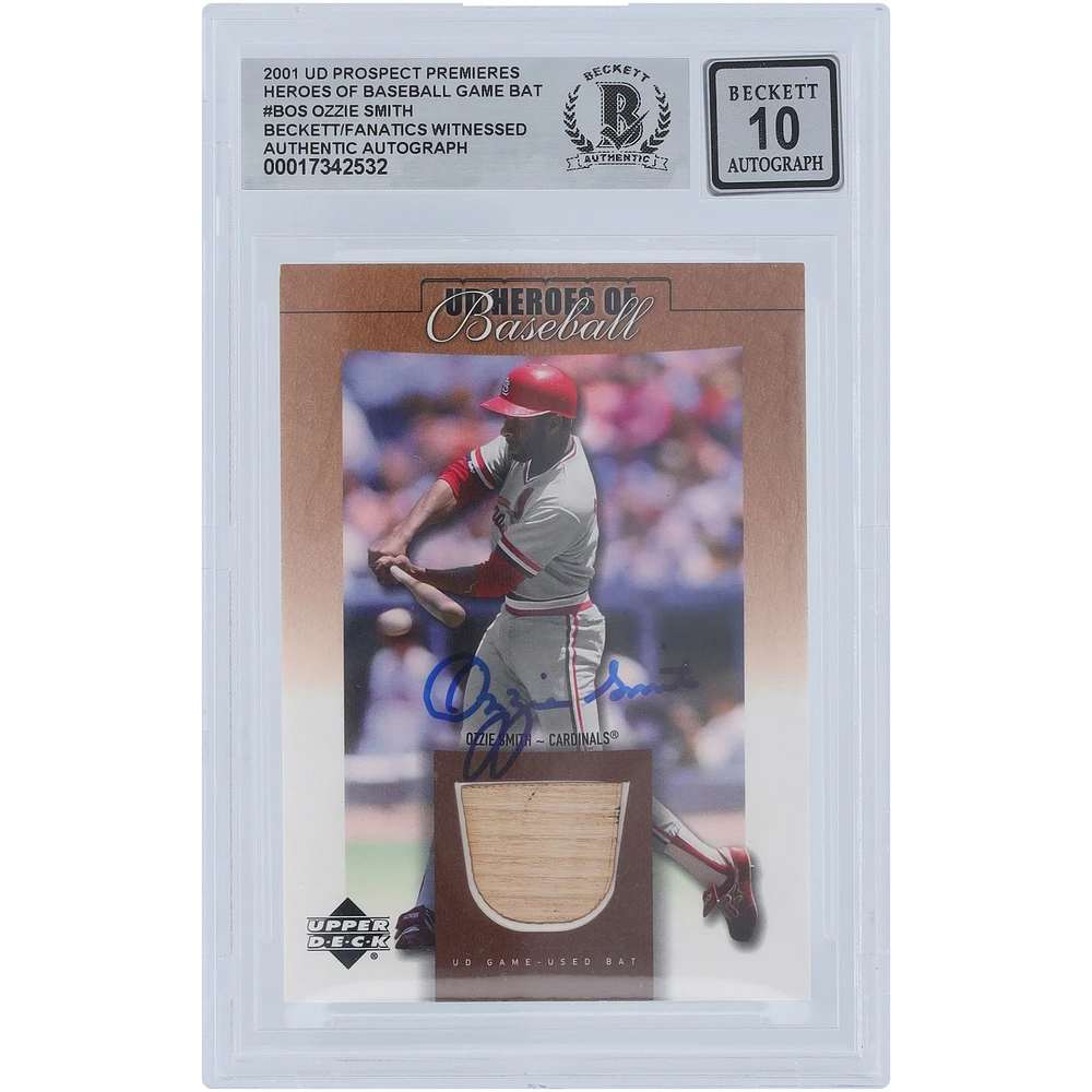 Ozzie Smith St. Louis Cardinals Autographed 2001 Upper Deck Prospect Premieres Heroes of Baseball Bat Relic #B-OS Beckett Fanatics Witnessed Authenticated 10 Card