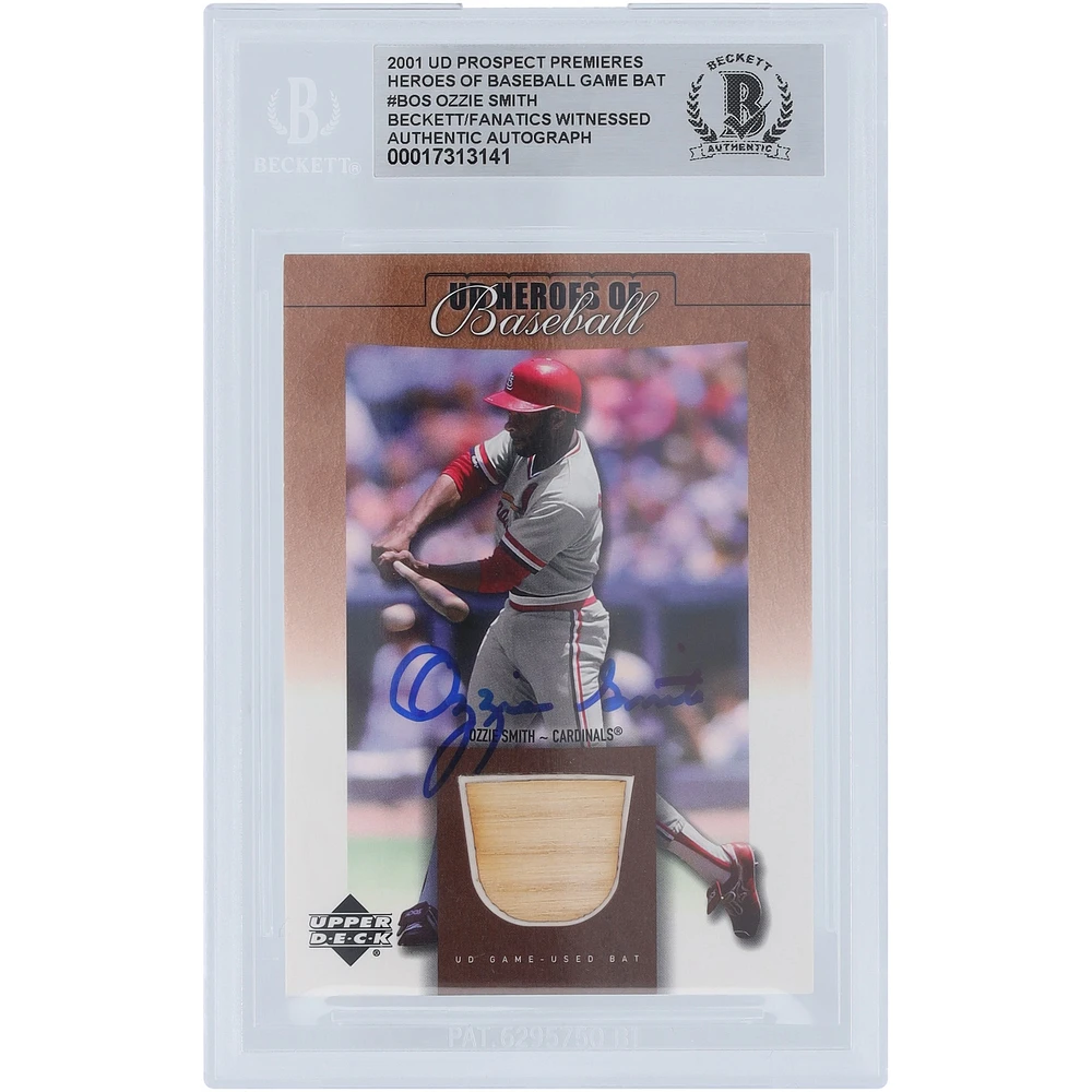 Ozzie Smith St. Louis Cardinals Autographed 2001 Upper Deck Prospect Premieres Heroes of Baseball Bat Relic #B-OS Beckett Fanatics Witnessed Authenticated Card