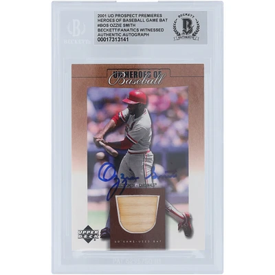 Ozzie Smith St. Louis Cardinals Autographed 2001 Upper Deck Prospect Premieres Heroes of Baseball Bat Relic #B-OS Beckett Fanatics Witnessed Authenticated Card