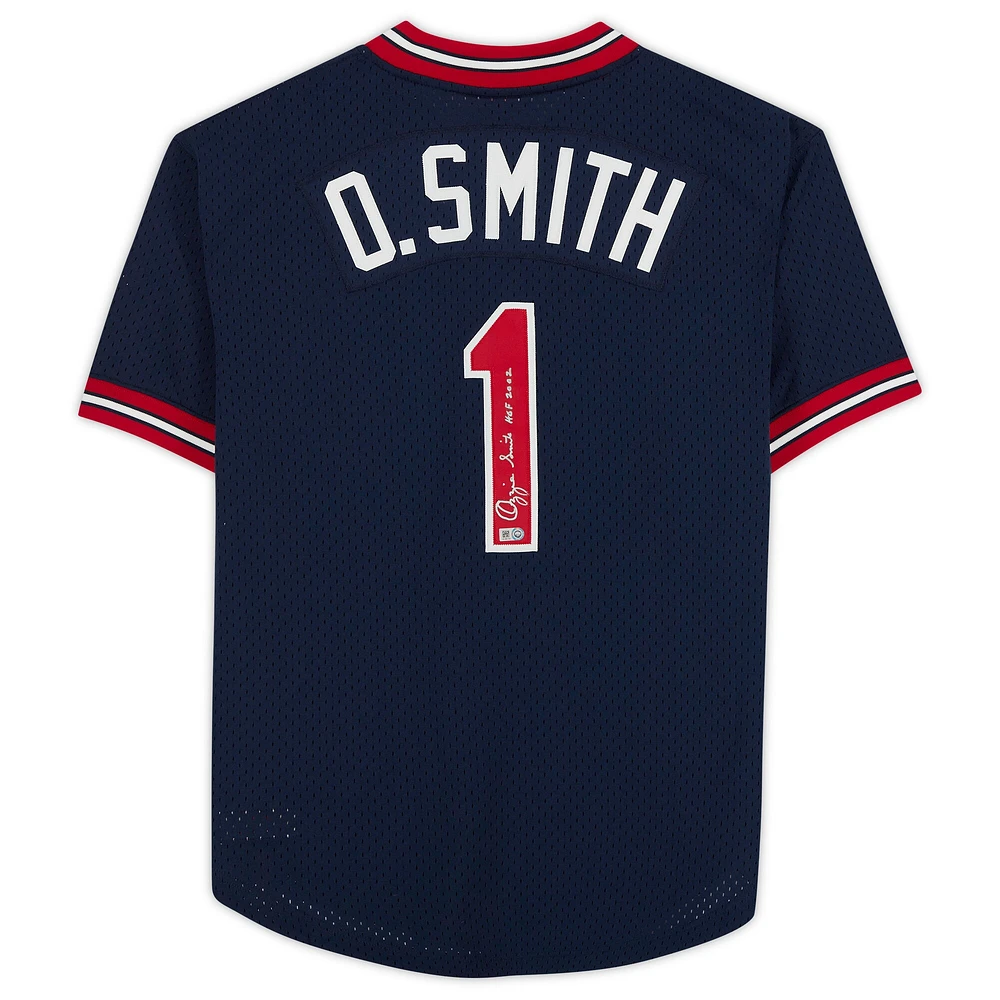 Maillot authentique dédicacé par Ozzie Smith des Cardinals de St. Louis, bleu marine, Mitchell & Ness, avec inscription « HOF 2002 »