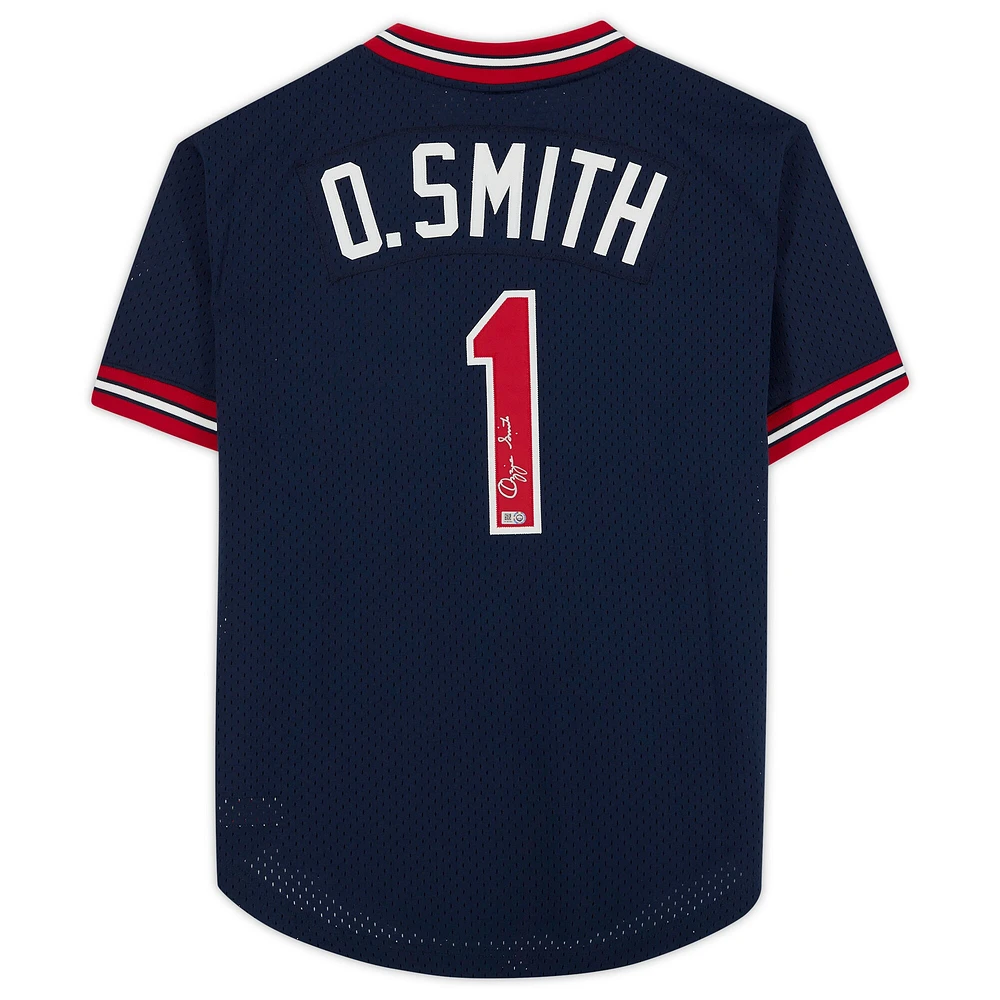 Maillot authentique Mitchell & Ness bleu marine autographié par Ozzie Smith des Cardinals de St. Louis