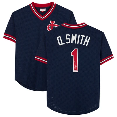 Maillot authentique Mitchell & Ness bleu marine autographié par Ozzie Smith des Cardinals de St. Louis