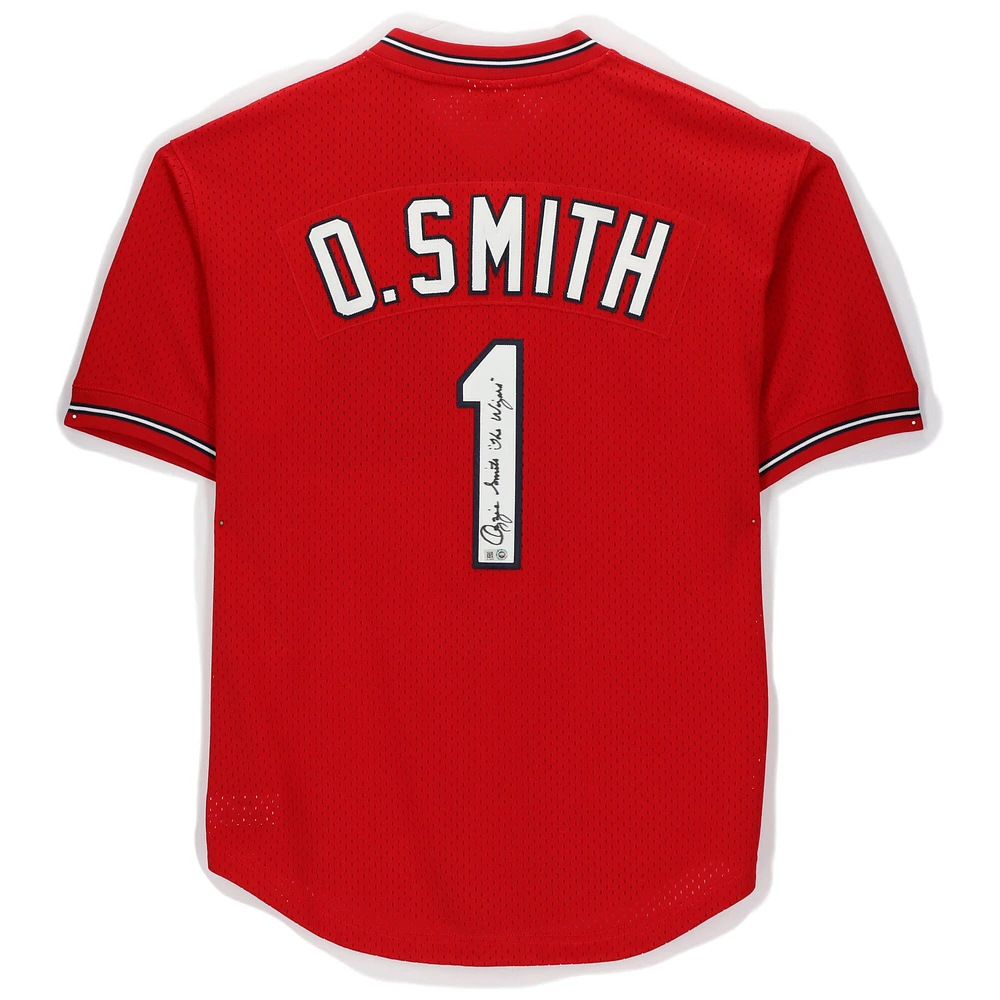 Maillot d'entraînement au bâton dédicacé par Ozzie Smith des Cardinals de St. Louis par Scarlett Mitchell et Ness avec l'inscription « The Wizard »