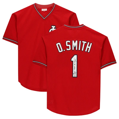 Maillot d'entraînement au bâton dédicacé par Ozzie Smith des Cardinals de St. Louis par Scarlett Mitchell et Ness avec l'inscription « The Wizard »