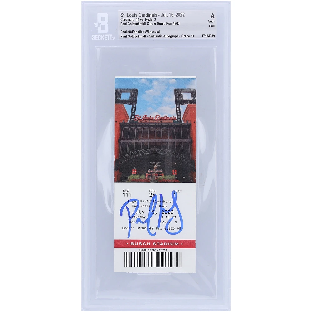 Paul Goldschmidt St. Louis Cardinals Autographed Beckett Fanatics Witnessed Authenticated Auto 10 Ticket from July 16, 2022 - 300th Career Home Run