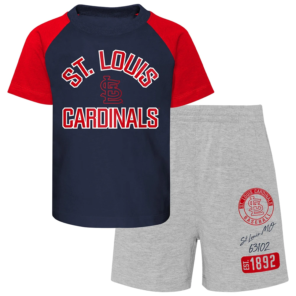 Ensemble de t-shirt et short raglan deux pièces Groundout Baller des Cardinals Saint-Louis bleu marine/gris chiné pour tout-petit