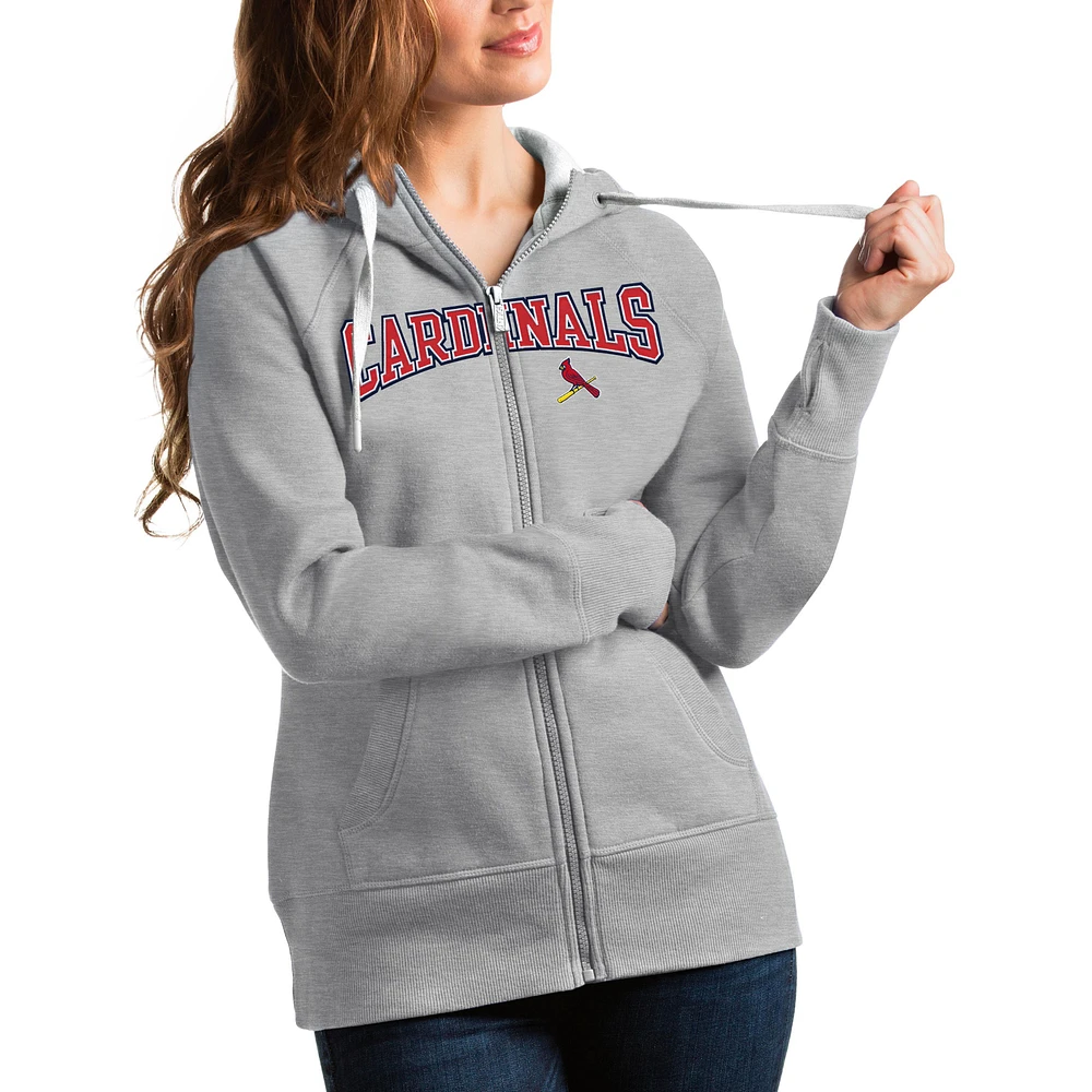 Women's Antigua Heather Gray St. Louis Cardinals Team Logo Victory Full-Zip Hoodie