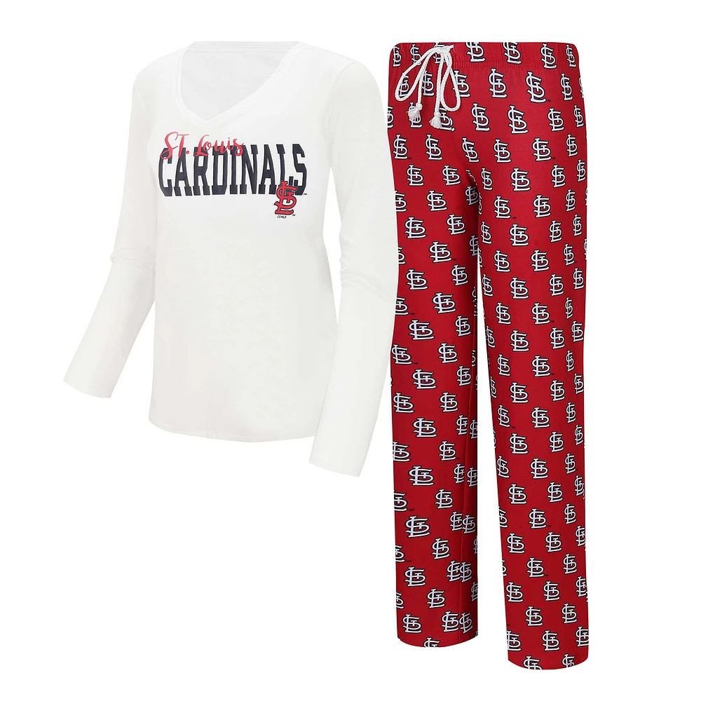 Ensemble de nuit Concepts Sport blanc/rouge St. Louis Cardinals pour femmes, t-shirt à manches longues et pantalon jauge