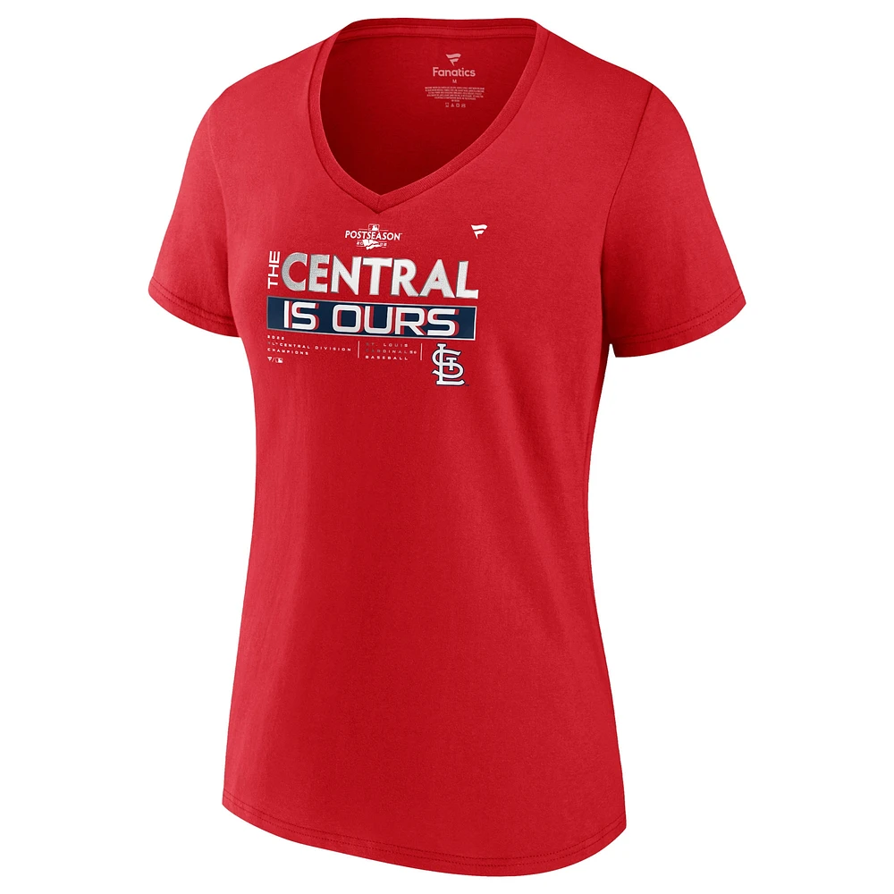 T-shirt à encolure en V rouge pour femme St. Louis Cardinals 2022 NL Central Division Champions de marque Fanatics Branded