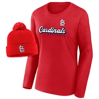 Women's Fanatics Red St. Louis Cardinals Run The Bases Long Sleeve T-Shirt & Cuffed Knit Hat with Pom Combo Set