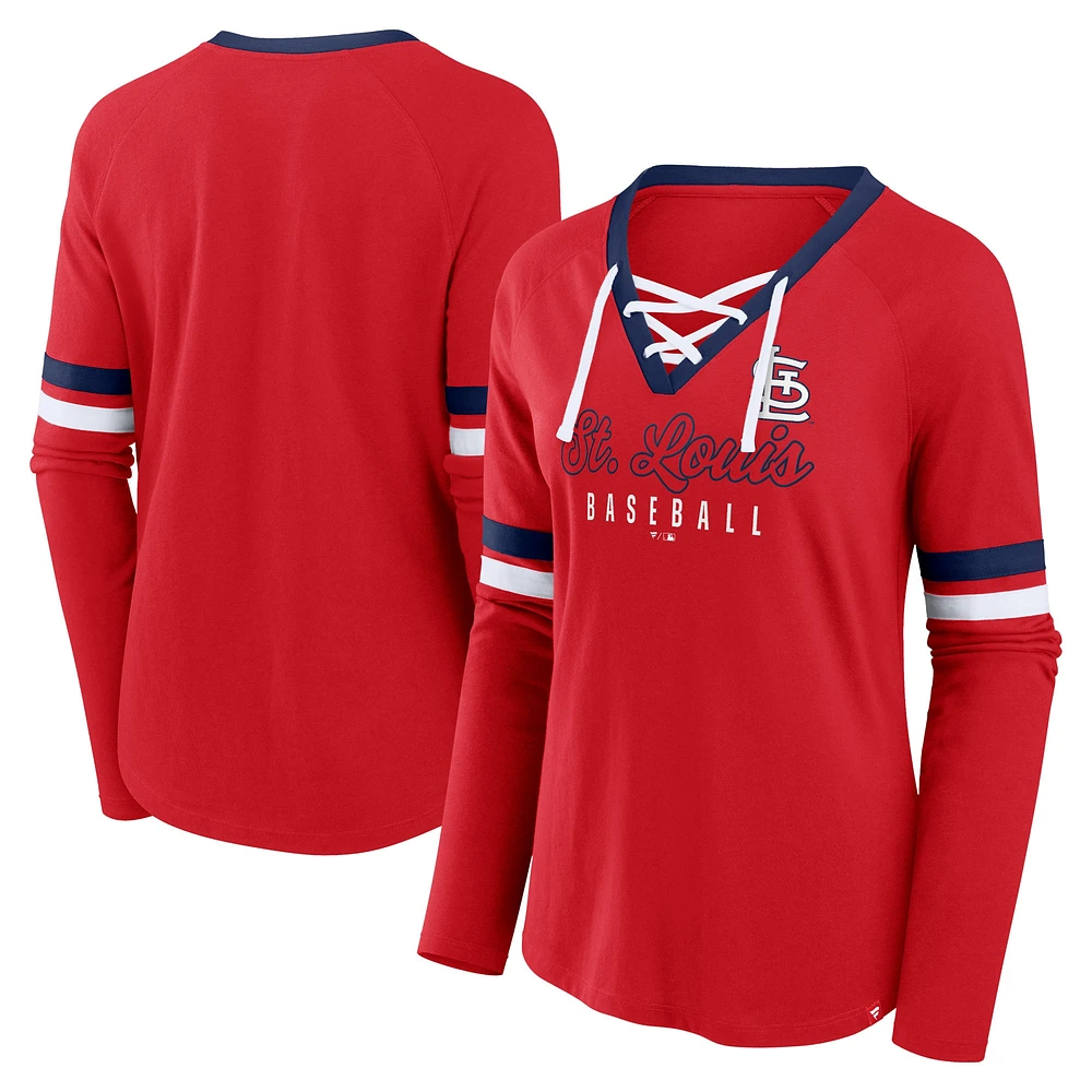 T-shirt à manches longues et lacets raglan rouge pour femme Fanatics St. Louis Cardinals Won & Done