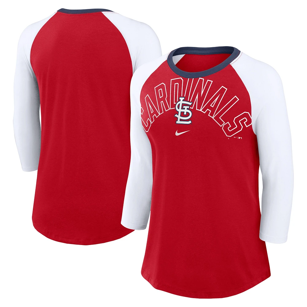 T-shirt tri-mélange raglan à manches 3/4 Nike rouge/blanc St. Louis Cardinals Knockout Arch pour femme