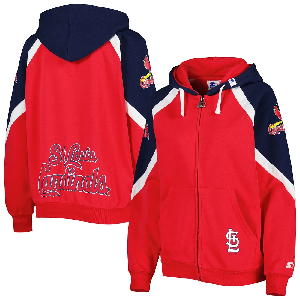 Sweat à capuche entièrement zippé Starter rouge/bleu marine St. Louis Cardinals Hail Mary pour femme