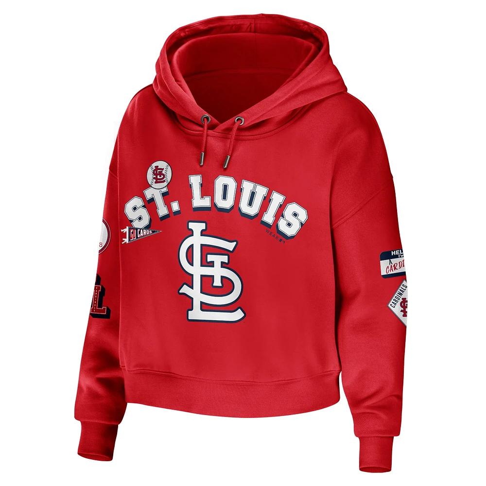 Women's WEAR by Erin Andrews Red St. Louis Cardinals Modest Patches Cropped Pullover Hoodie