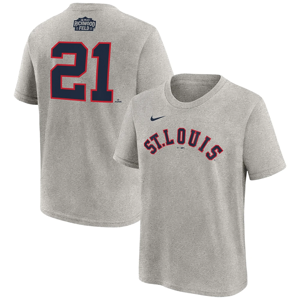 T-shirt Nike Lars Nootbaar pour jeunes Cardinals de Saint-Louis 2024 Rickwood Classic avec nom et numéro, gris chiné